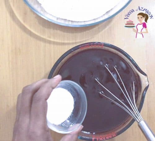 Progress pictures - Eggless Chocolate Bundt - Adding the baking soda