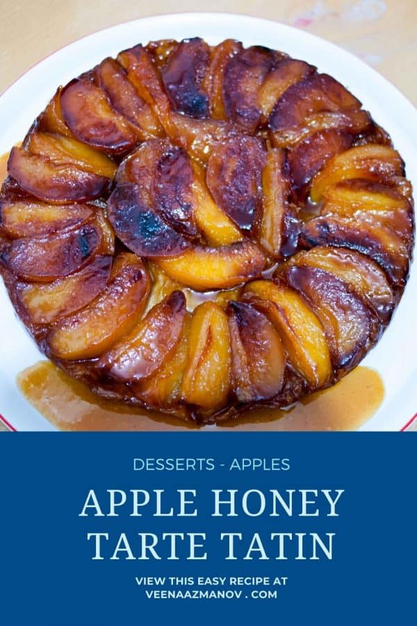 Pinterest image with apple honey tarte tatin.