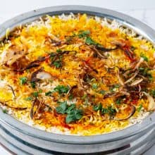 An Indian pot with Hyderabad Dum biryani.