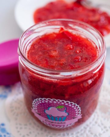 Strawberry filling in a jar.