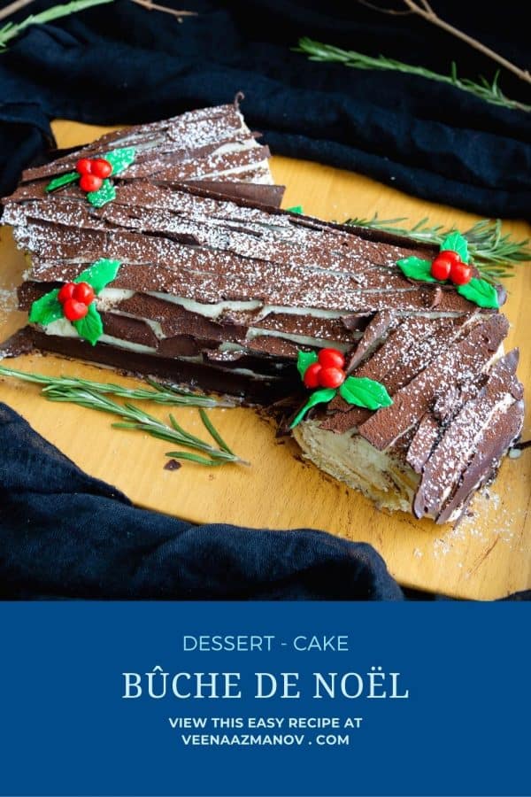 Pinterest image for yule log cake recipe.