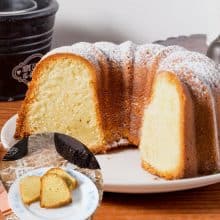 Vanilla Bundt Cake on a plate with with sliced cakes.