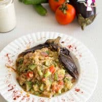 A bowl with roasted eggplant salad.