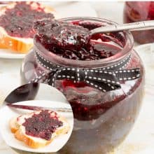Berry jam in a spoon and slice of bread.