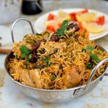 An Indian pot with chicken biryani.