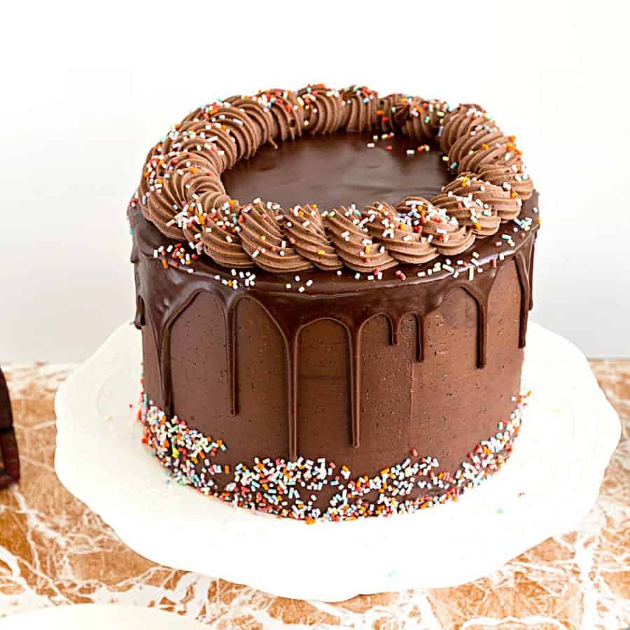 A chocolate frosted cake on cake stand.