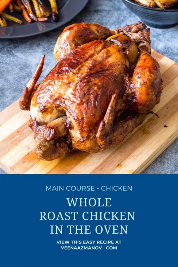 Pinterest image for whole roast chicken in oven.