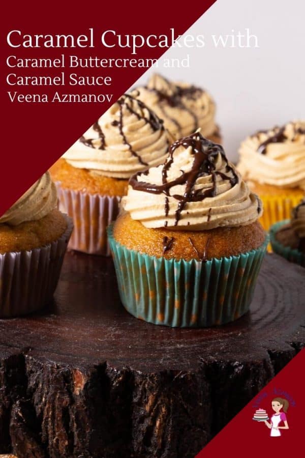 Caramel cupcake on a wooden board.