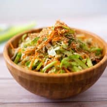 A salad bowl with Asian sesame dressing.