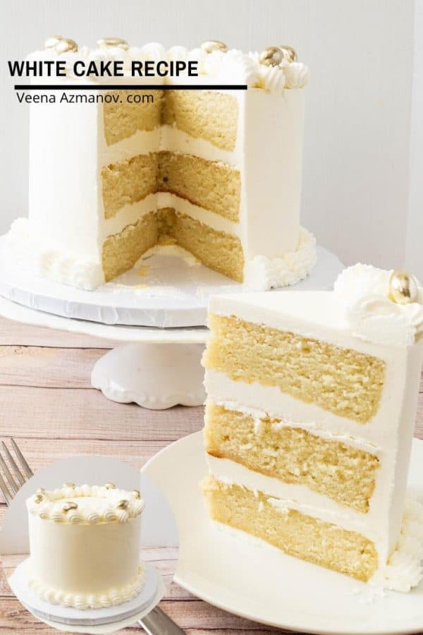 A slice of white layer cake on a plate, with the rest of the cake on a cake stand.