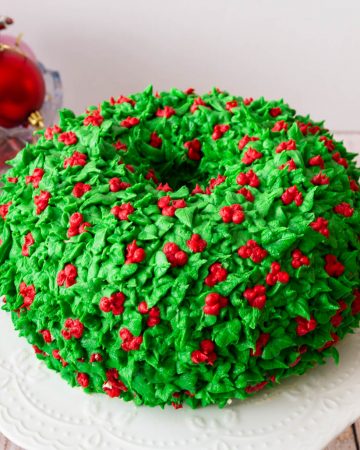 A wreath cake on a cake stand