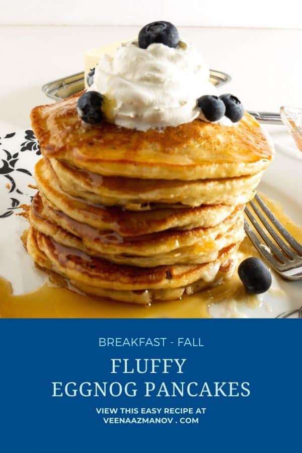 Pinterest image for easy eggnog pancakes.
