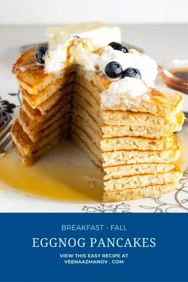 Pinterest image for fluffy eggnog pancakes.