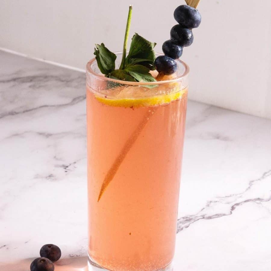 A cocktail glass with mojitos with fresh blueberries.